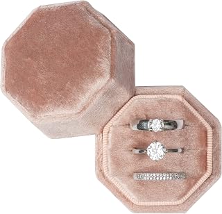 Equal Octagon Velvet Ring Box Storage 3 Slots for Wedding Ceremony Proposal Engagement Birthday Gift (Blush Peach)