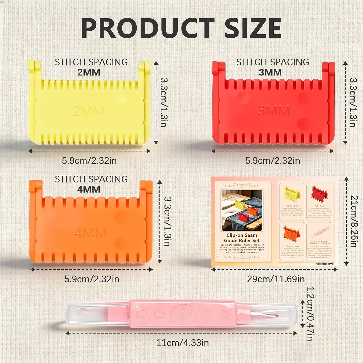 3 Pcs Clip-On Sewing Ruler Set, Hand Edge Stitch Guide for Even Spacing | 2/3/4mm Seam Guide Ruler, with 2-in-1 Seam Ripper & Threader and Manual for Sewing, Mending & DIY Crafts