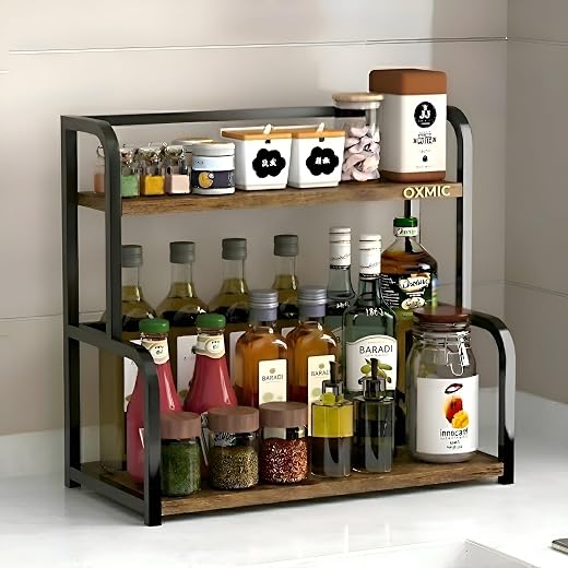 OXMIC 2-Tier Spice Rack, Countertop Kitchen Organiser, Kitchen organizer rack, Kitchen storage Rustic Wood and Metal, 40x2...