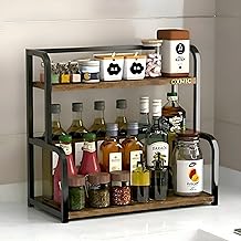 OXMIC 2-Tier Spice Rack, Countertop Kitchen Organiser, Kitchen organizer rack, Kitchen storage Rustic Wood and Metal, 40x20.2x41.5 cm