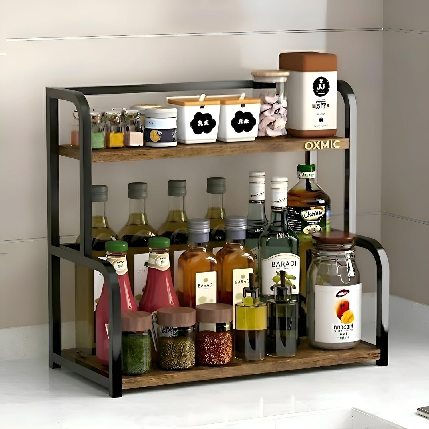 OXMIC 2-Tier Spice Rack, Countertop Kitchen Organiser, Kitchen organizer rack, Kitchen storage Rustic Wood and Metal, 40x2...