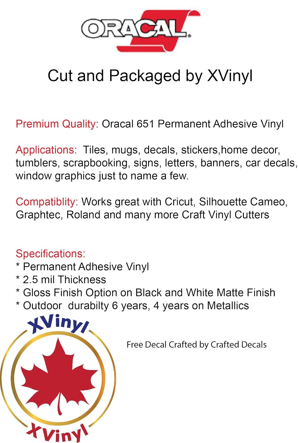 Red Vinyl Roll of Glossy Oracal 651 (12" x 10 ft Wrapped Around a 2" Core) Permanent Adhesive Craft Vinyl - Bonus Maple Leaf Permanent Decal.