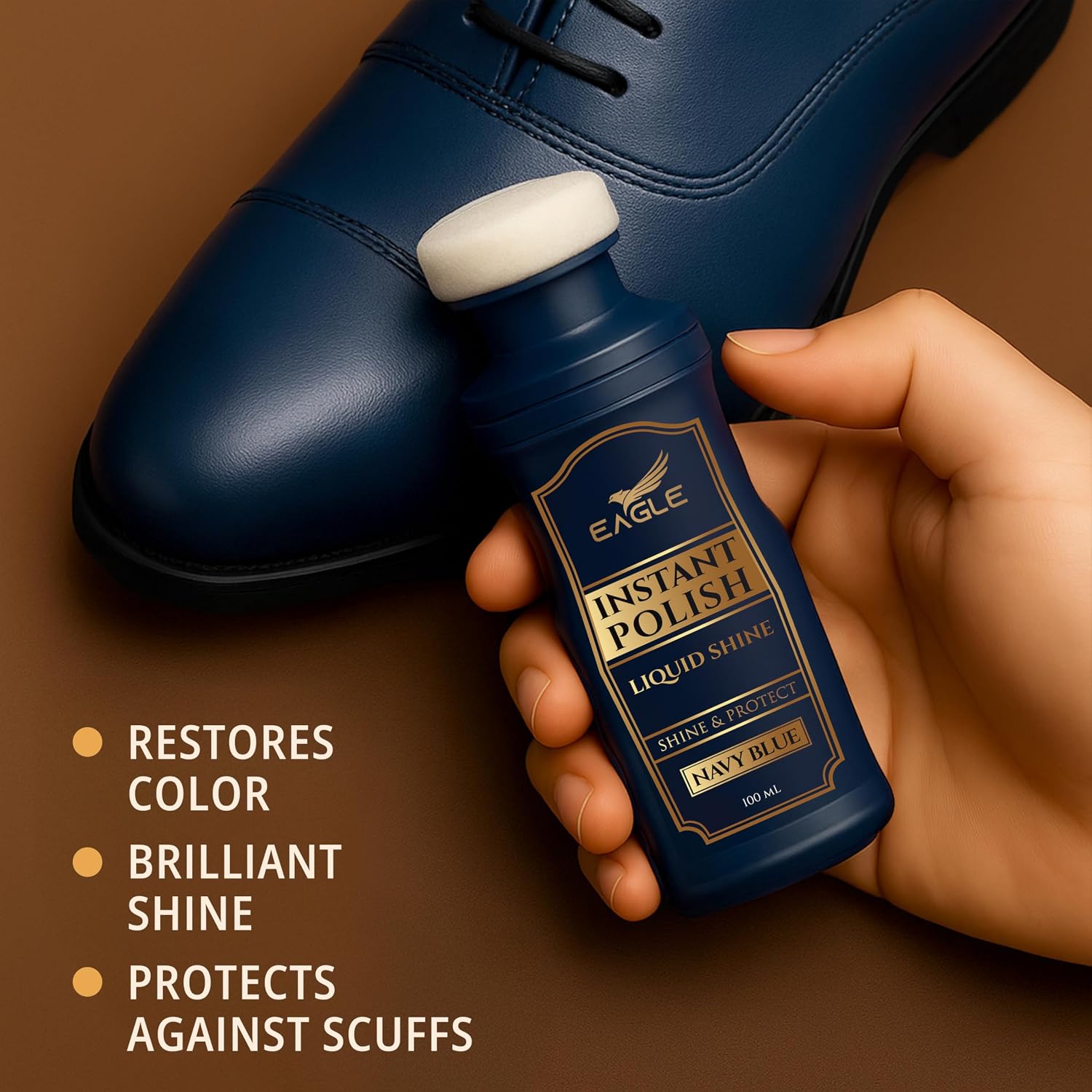 Eagle Liquid Shoe Polish Instant Shine – Quick-Dry Leather Polish with Built-In Sponge Applicator & 2 Cleaning Wipes