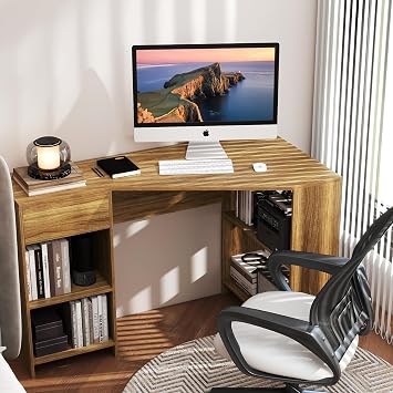 SFAREST Corner Computer Table, 120cm Compact Wooden Computer Desk with Drawer & 4 Open Shelves, L-Shaped Space Saving PC Laptop Working Workstation for Bedroom Living Room Office (Natural)