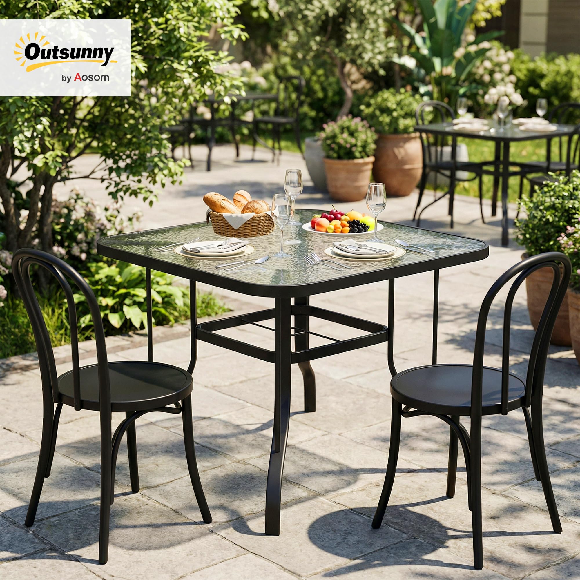 Outsunny Tavolo da Giardino per 4 Persone con Foro per Ombrellone Ø43 mm, Tavola da Pranzo da Esterno in Metallo e Vetro Temperato, Per Patio, Terrazzo, Balcone ed Esterno, 96.5x96.5x72 cm, Nero