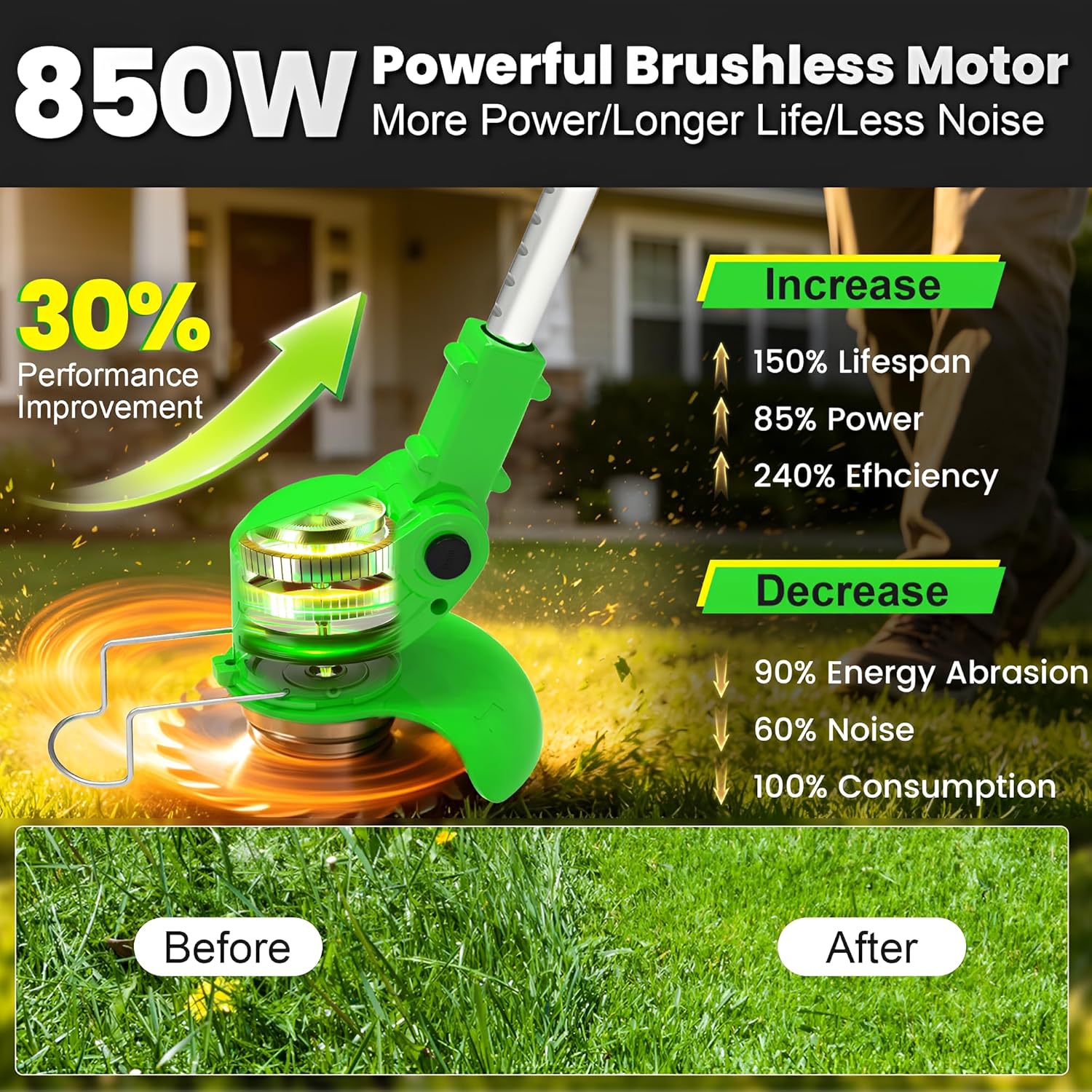Electric Weed Wacker Cordless Eater, 21V Battery Powered String Trimmers Lightweight Portable 3-in-1 Lawn Edger/Grass Trimmer/Brush Cutter with Wheels & 4 Types Blades for Yard and Garden