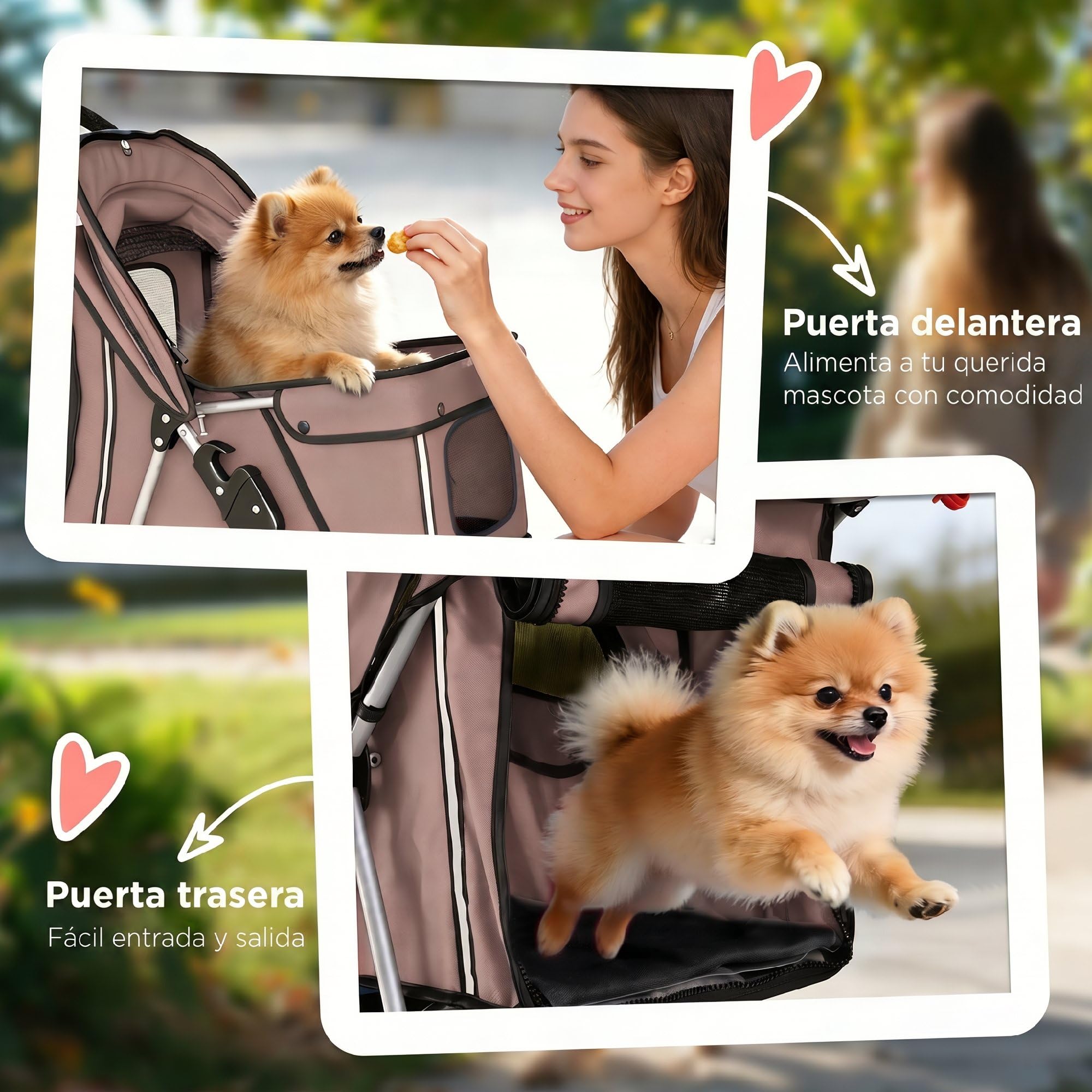 PawHut Carrito para Perros Plegable hasta 10 kg, Cochecito para Perros Pequeños con Ruedas de EVA y Frenos, Cesta de Almacenaje, Ventanas de Malla, Portavasos, Cojín Lavable, 77x44x102 cm, Café