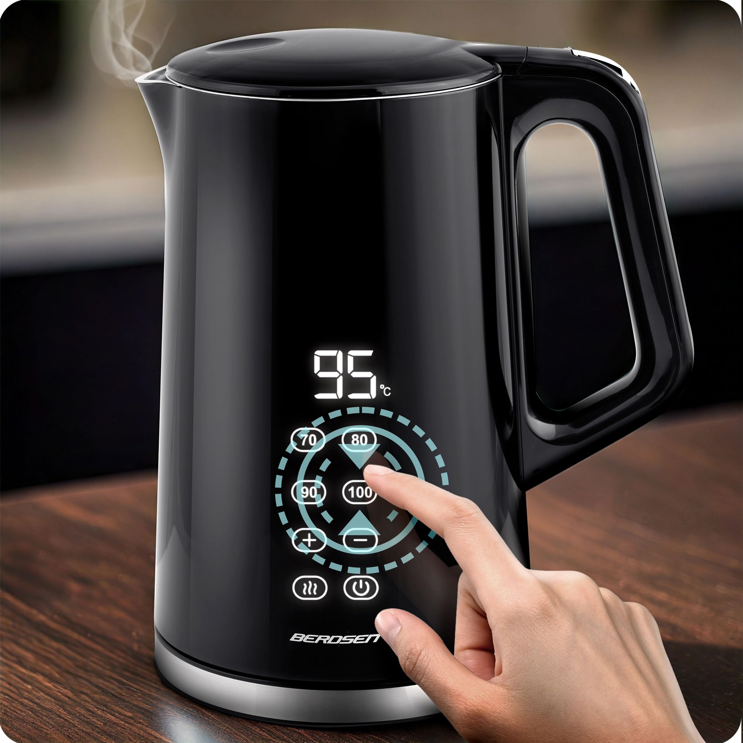 Berdsen Bollitore elettrico – 1,7 L – con regolazione della temperatura – Indicatore digitale della temperatura a LED – Protezione contro il funzionamento a secco – Base a 360° – Nero