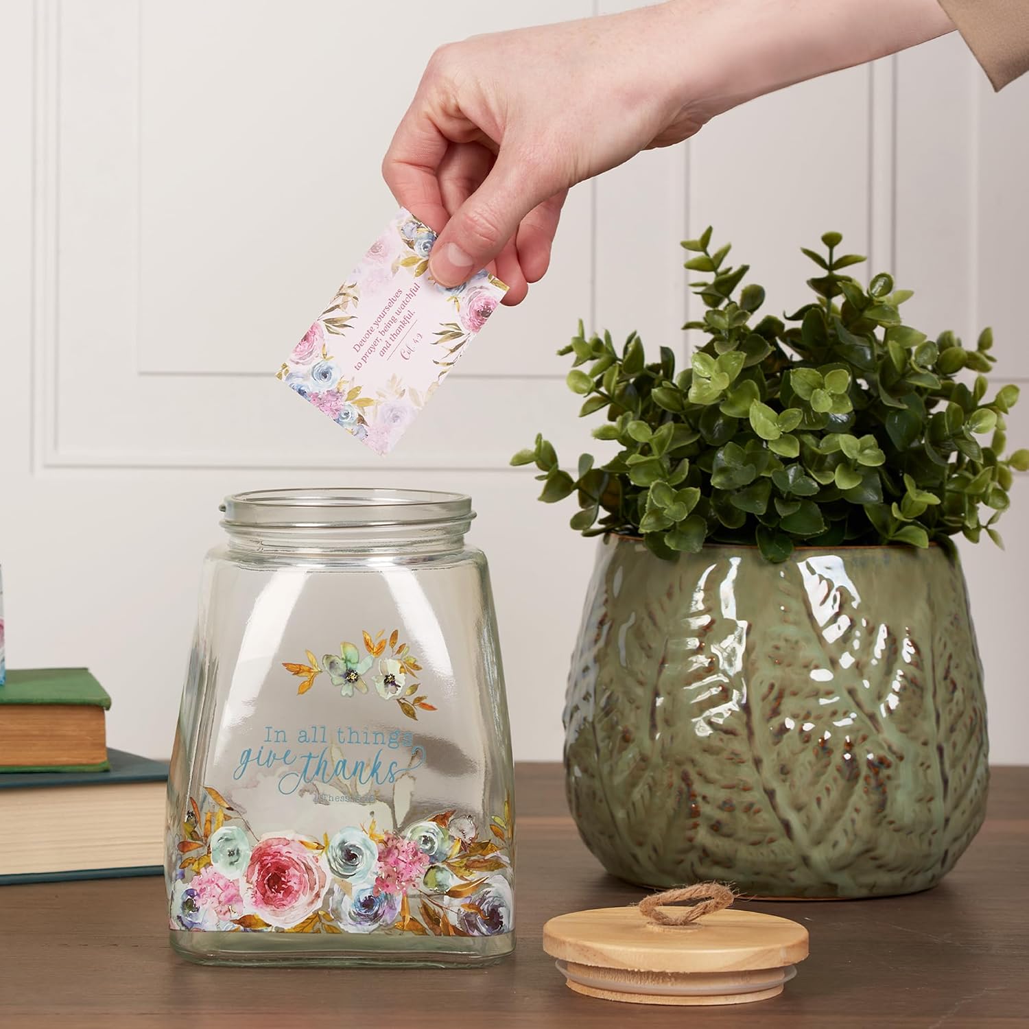 Christian Art Gifts Keepsake Count Your Blessings Glass Gratitude Jar Set with Bible Verse Note Cards: In All Things Give Thanks- 1 Thessalonians 5:16, Floral Pink Buttercup