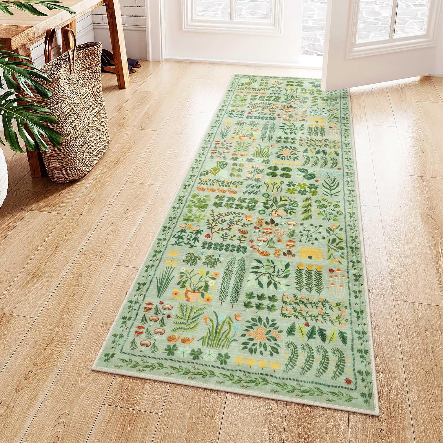 LIVEBOX Cottage Hallway Kitchen Rug Runner 2x6, Washable & Non Slip, Soft Low Pile Botanical Patchwork Carpet Runner Rug for Kitchen,Entryway,Bedroom (Green)