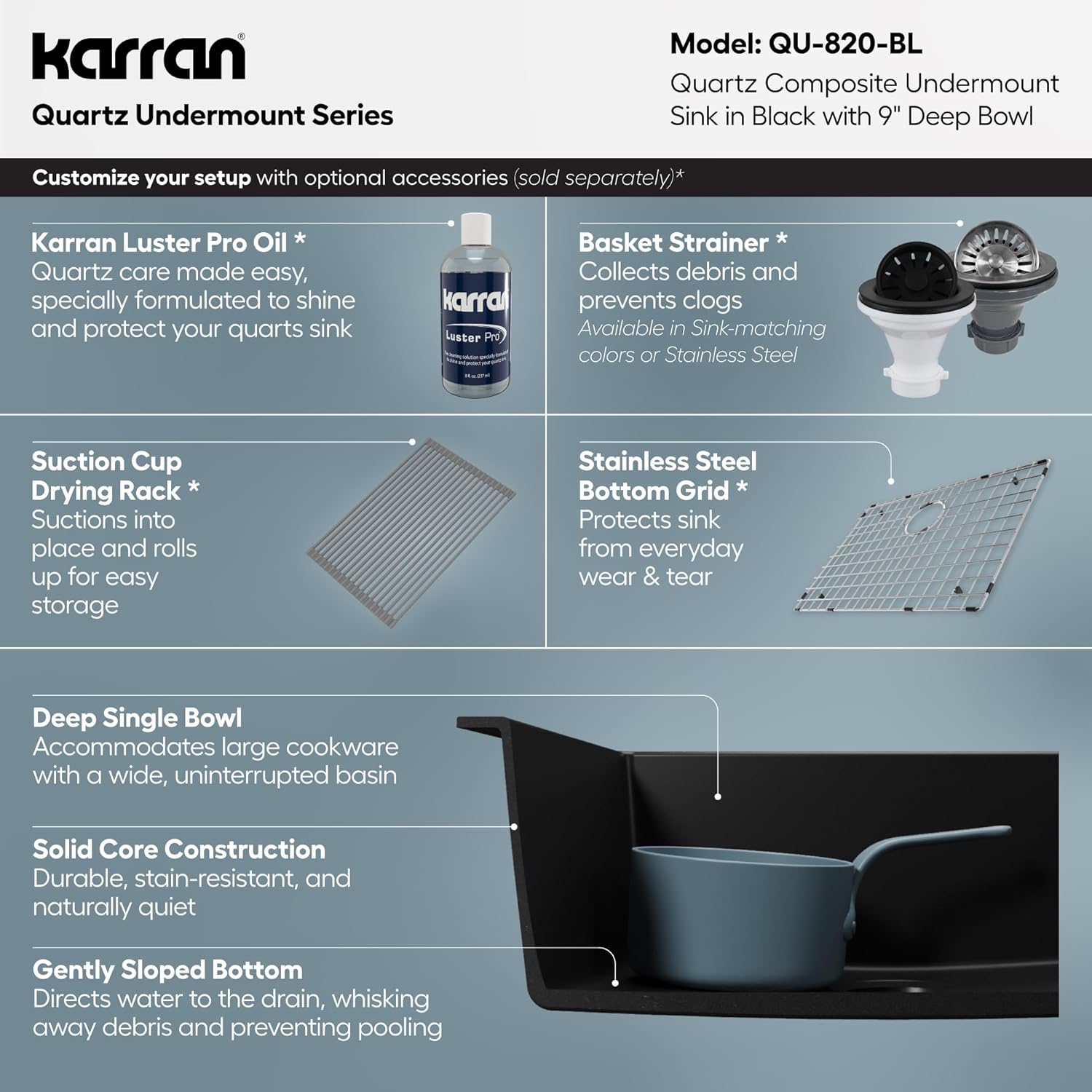 Karran QU-820 Undermount 24.38 in Single Bowl Quartz Kitchen Sink in Black