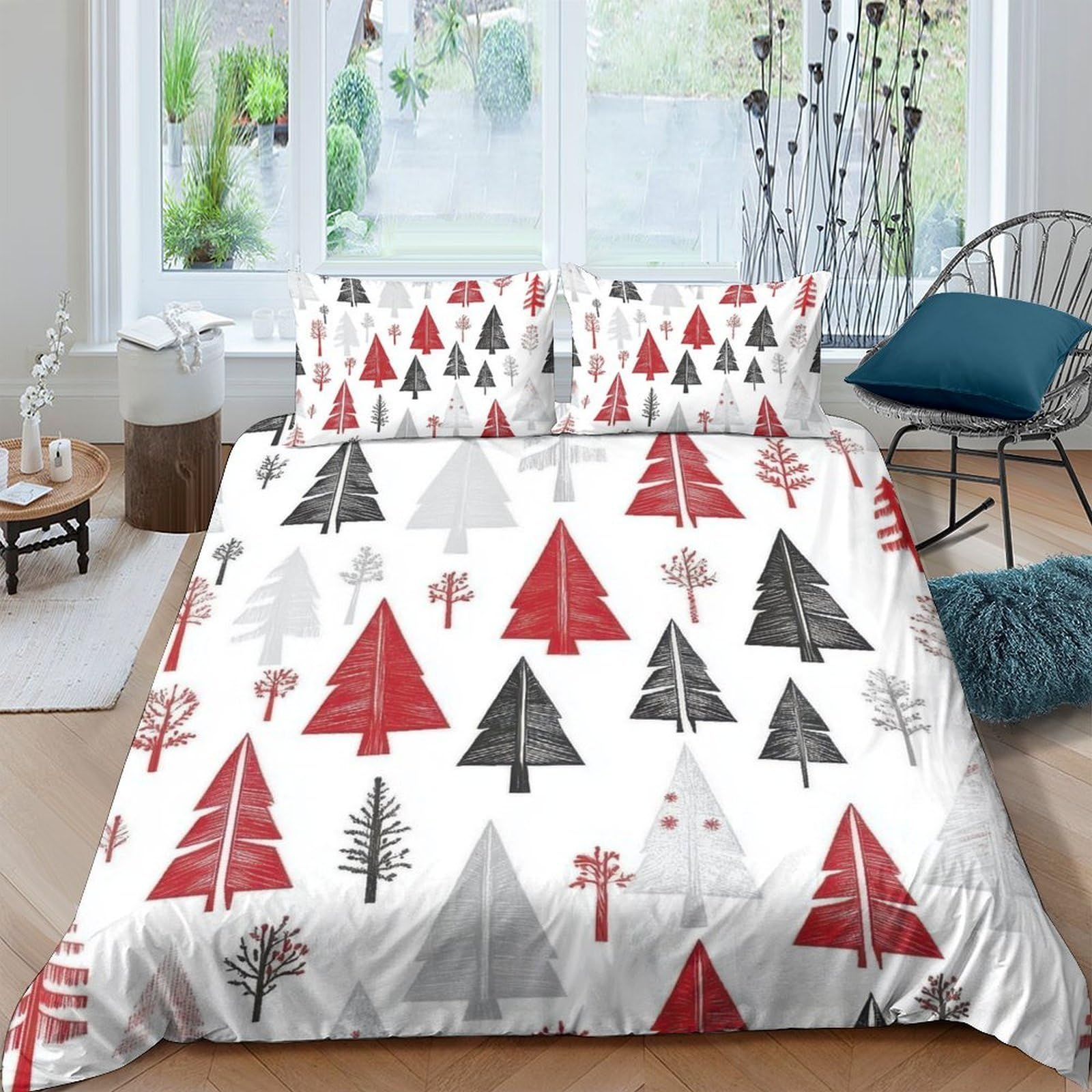 Ctjqhvkz Style-4 3D Printed Red Black Pine Tree Fitted Sheet Microfiber Soft Breathable Nordic Forest Mattress Cover For Bedroom Home Decor Single（135X200cm）