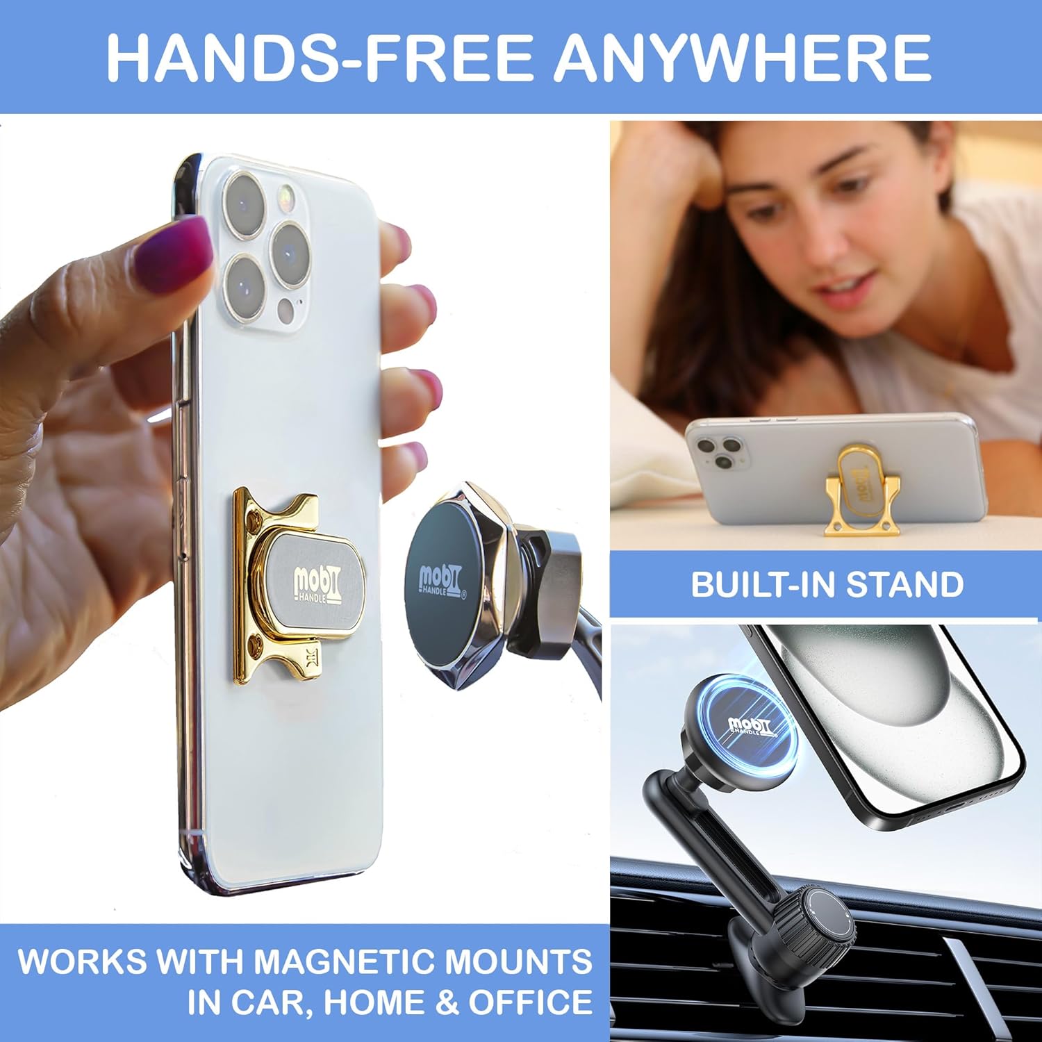 Patented 3-Finger Phone Grip & Stand - Comfortable & Secure Loop Holder for iPhone & Android - Ultra-Slim Zinc Alloy - Magnetic Mount Ready - Cell Phone Ring Alternative [Gold]