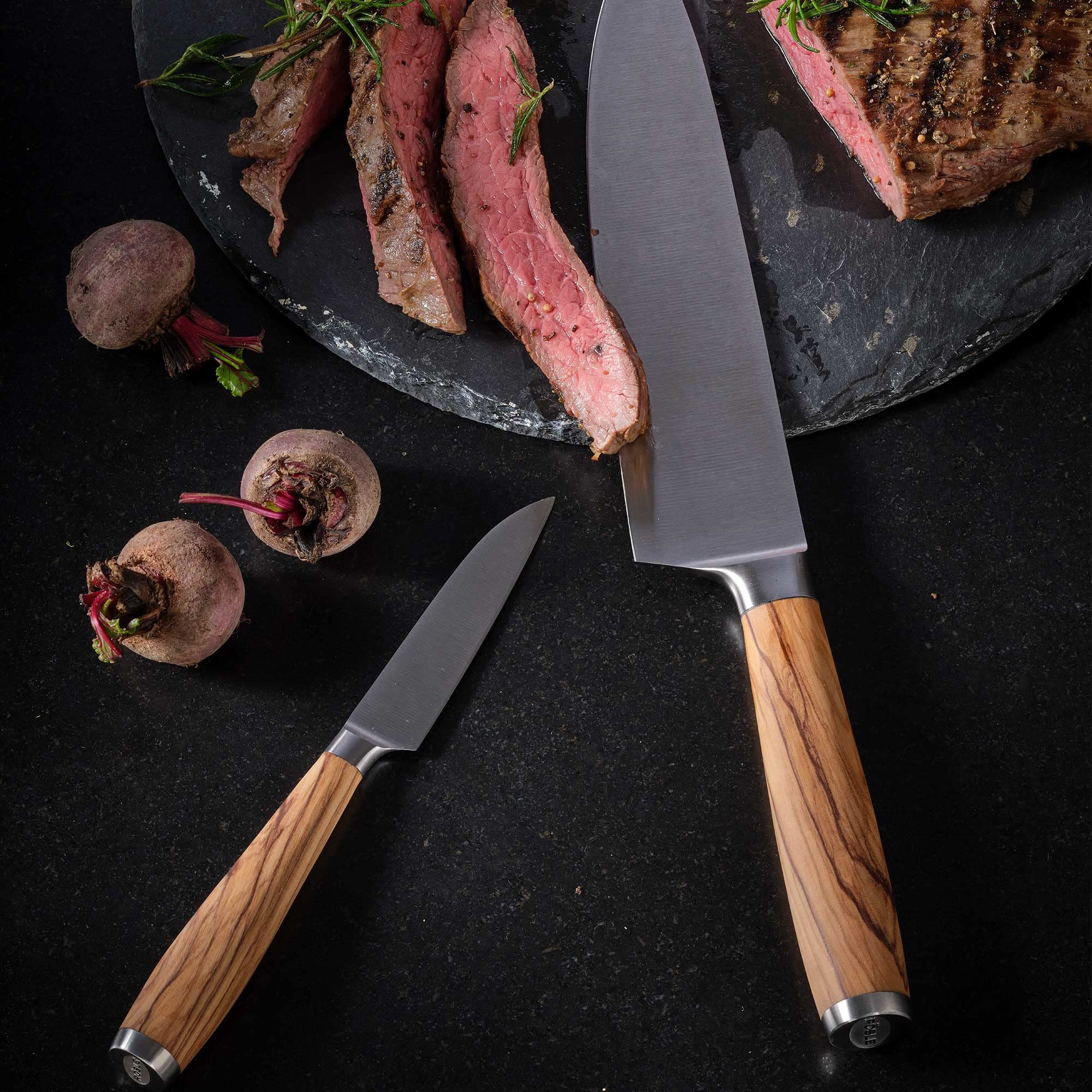 RÖSLE Gemüsemesser Artesano 9 cm - Hochwertiges Küchenmesser zum Schneiden von Obst und Gemüse, ein scharfes Schneidemesser mit ergonomischem Griff aus Olivenholz | Made in Solingen, X50CrMOV15 Stahl, zum Schneiden und Dekorieren von Obst und Gemüse, eisg