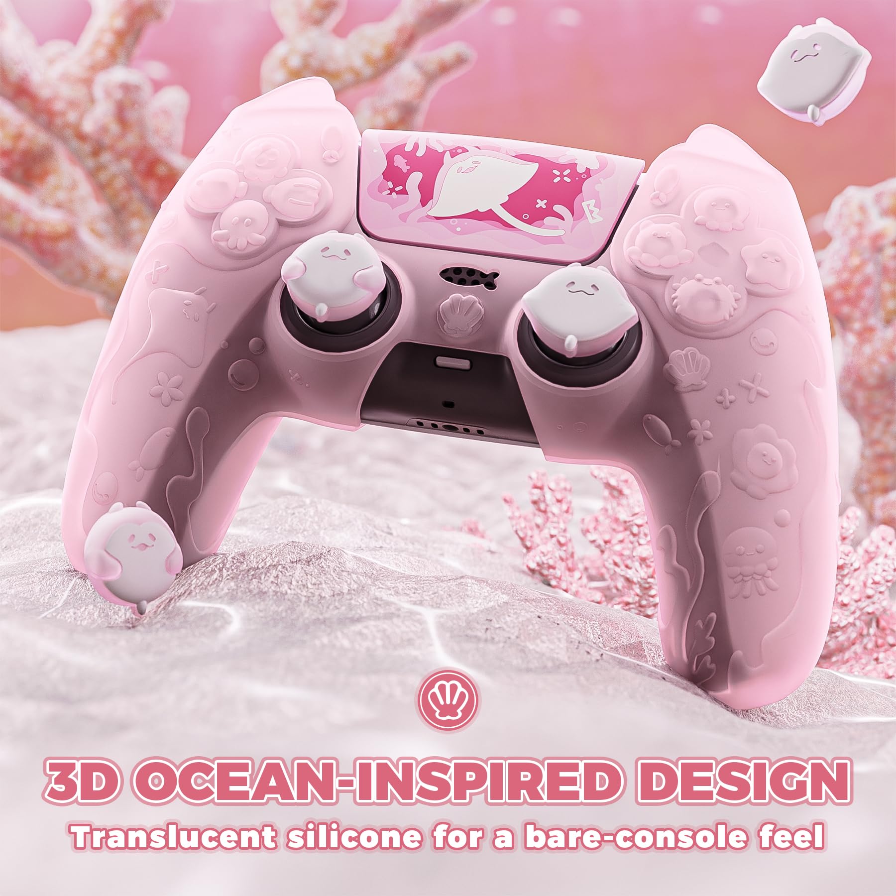 PlayVital Funda de Silicona Semitransparente para ps5 Mando - Serie Cute Ocean Whisper, Carcasa Protectora con Tapas para Joysticks y Pegatina, Compatible con Base de Carga (Rosa Melocotón)