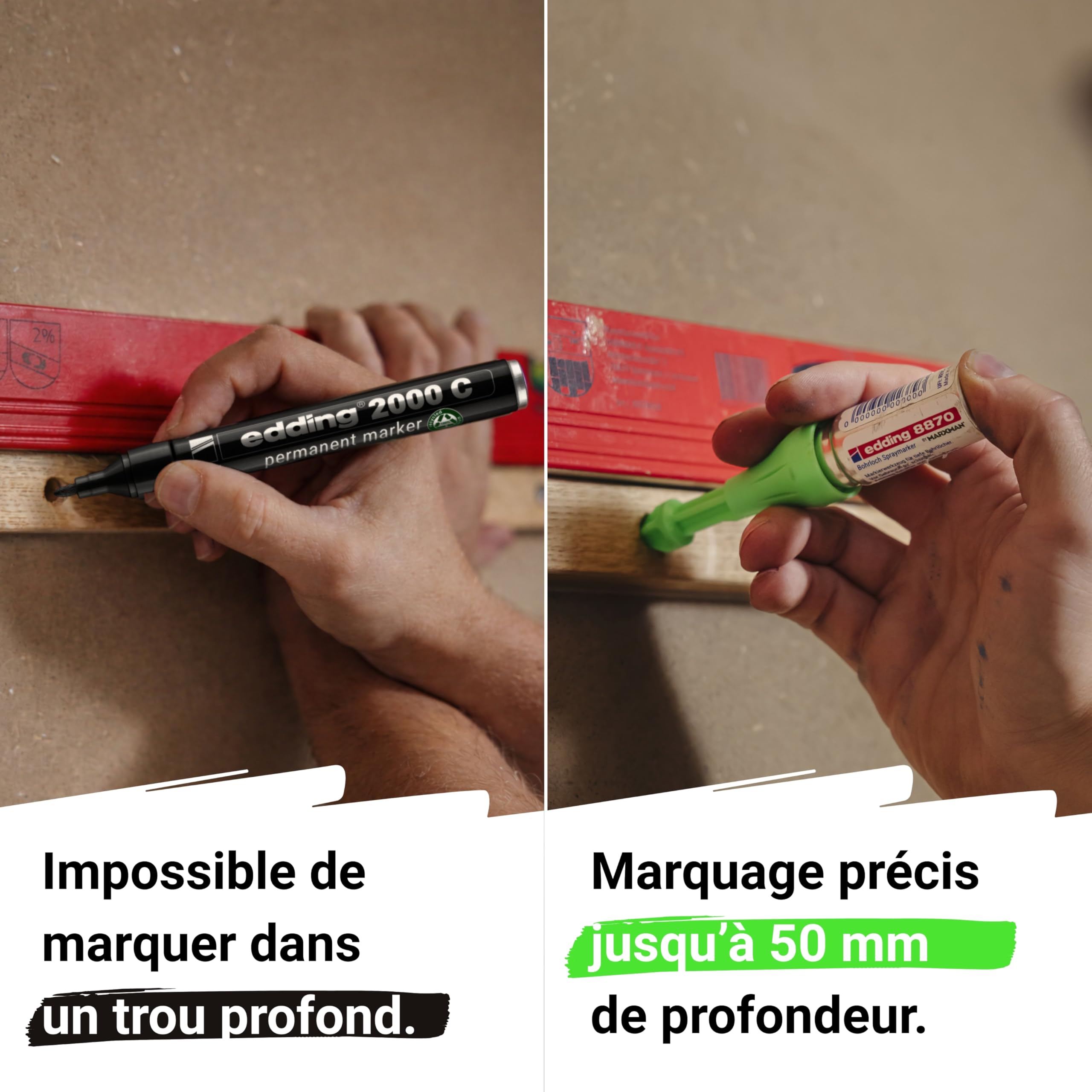 Edding Marqueur spray 8870 pour trous de perçage et zones inaccessibles – 5 Marqueurs à craie vert effaçables jusqu’à 50 mm de profondeur, pour pro & bricolage - Utilisation jusqu’à 250 pulvérisations