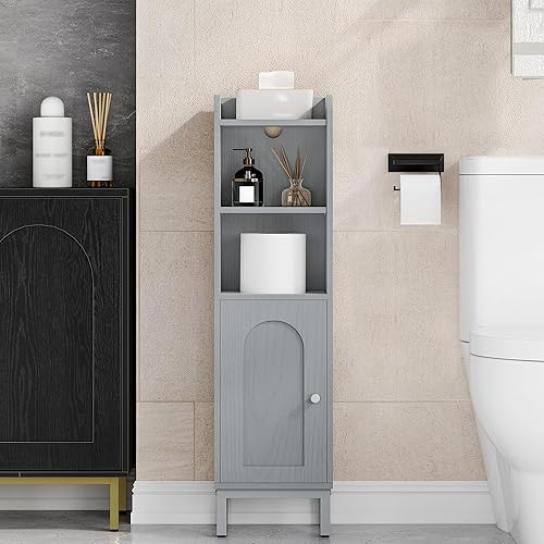 Bathroom Storage Cabinet, Small Corner Floor Cabinet with Door and Shelves, Narrow Toilet Paper Holder, Bathroom Organizer with Adjustable Shelf, for Small Spaces, Gray BC38221GR