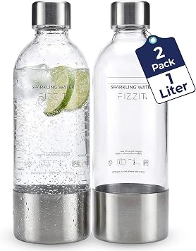 FIZZIT 1L Plastic Carbonating Bottles 2 Pack Compatible with SodaStream, Terra Art, Aarke & Philips Soda Maker BPA Free Reusable Sparkling Water Bottle, Replacement with Stainless Steel Base & Cap