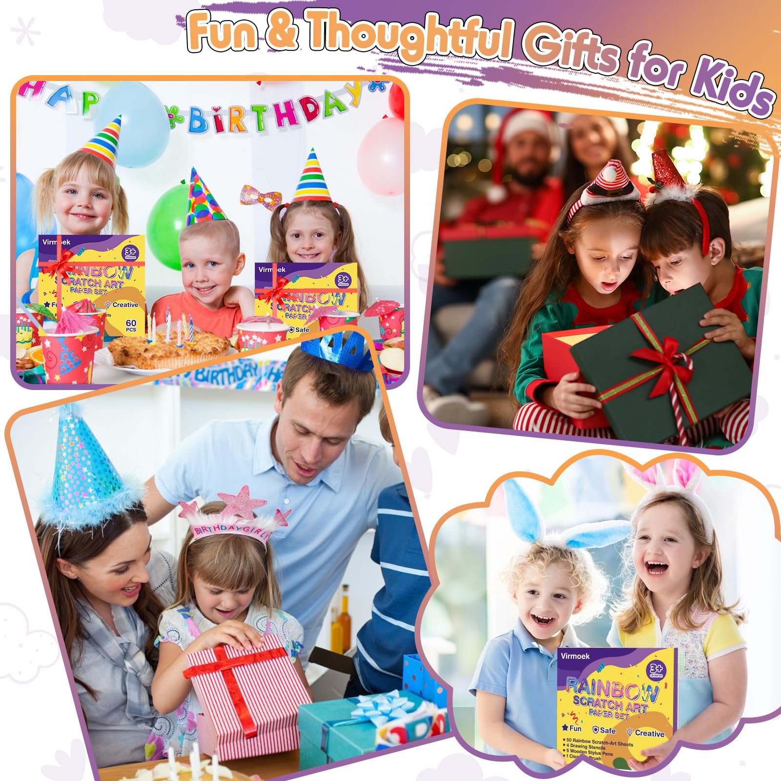 Virmoek Juego de 60 piezas de papel de arte para rascar, manualidades mágicas para rascar, kits de suministros para niñas y niños de 3, 4, 5, 6, 7, 8, 9, 10 años, juegos de fiesta, Navidad, cumpleaños