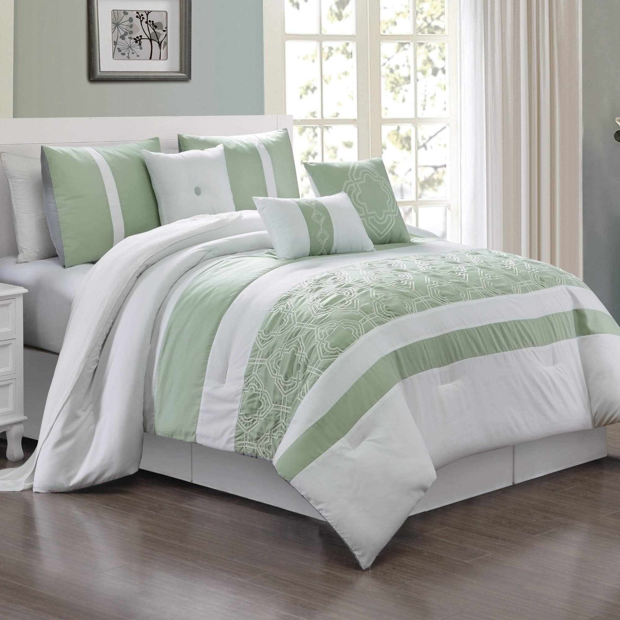HIGI 7 Piece Embroidery & Patchwork King Size Comforter Set - Green Brushed Microfiber Bedding Set - Bed in A Bag Comforter Set with 2 Shams, 1 Bedskirt Hypollergenic & All Season Used (21618)
