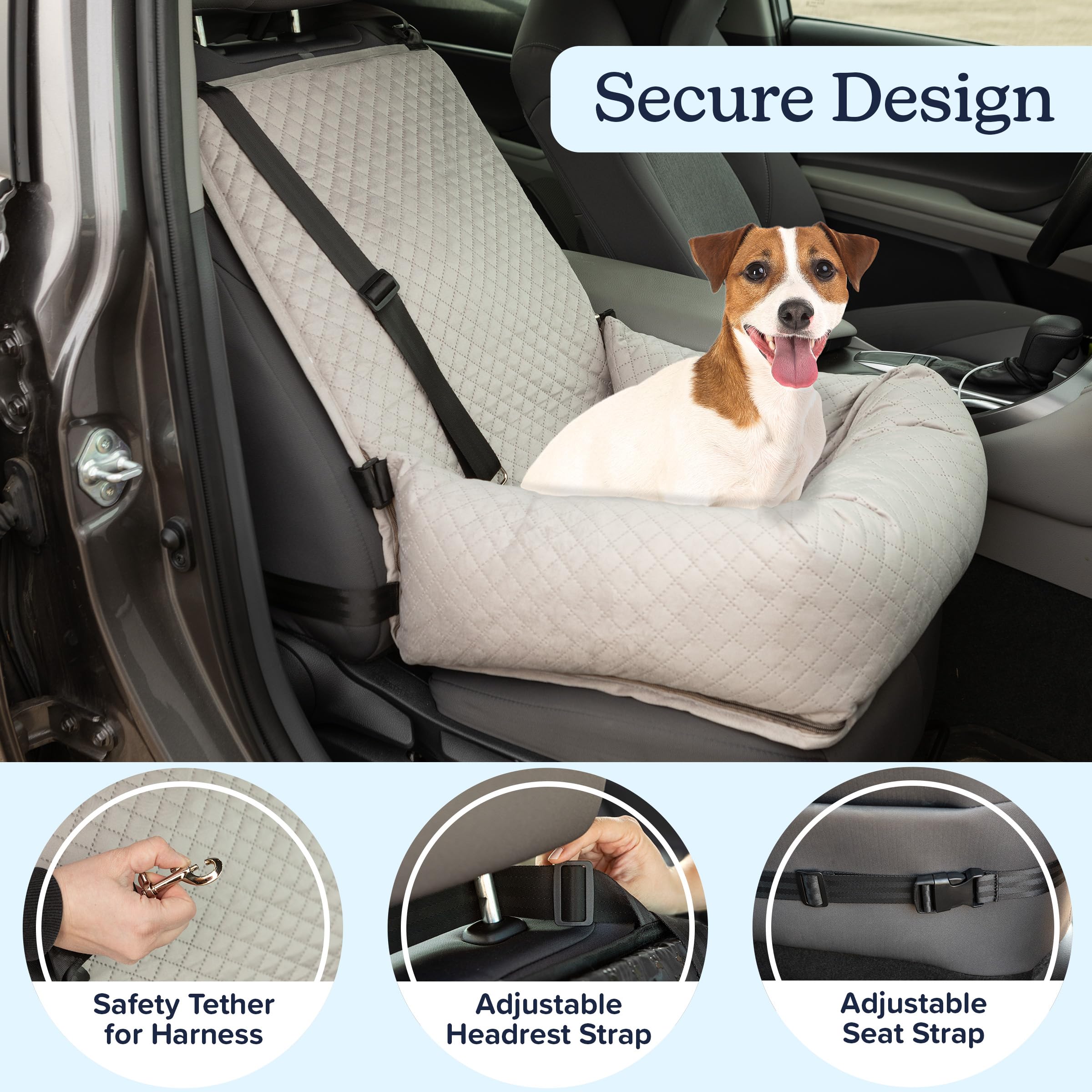 Dog Car Seat - Dog Car Seats for Small to Medium Dogs and Cats up to 44lbs - Pet Travel Accessories with Tether and Removable Washable Cover - Pet Booster Seat for Front or Back by PETMAKER (Gray) - image 3