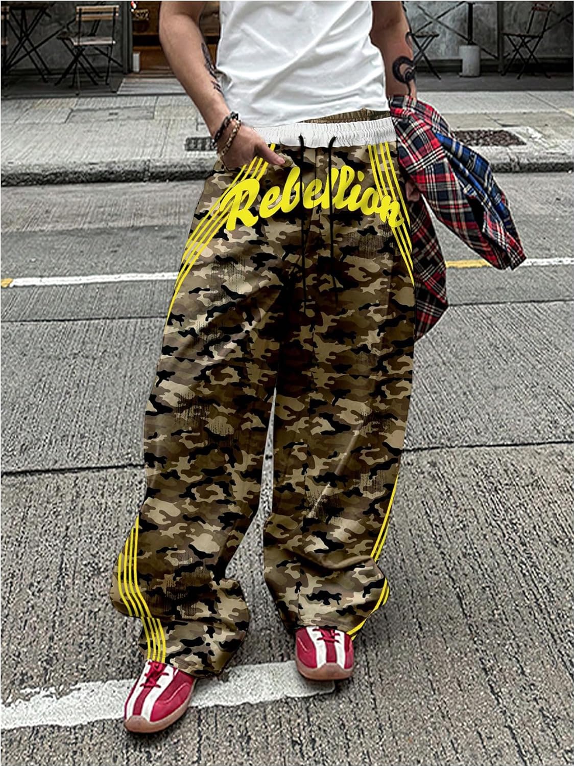 GORGLITTER Men's Baggy Camo Sweatpants Double Waisted Wide Leg Sweatpants Y2k Striped Side Track Pants