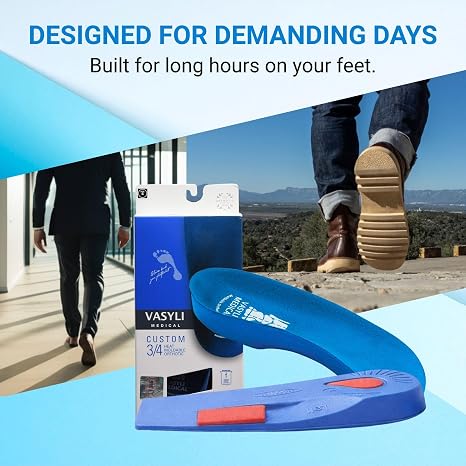 Vasyli 08 Custom Insole, Blue, X-Small, Fast and Effective Pain Relief, Medium Density, Everyday Walking Shoes, Thermoformed, 3/4 Length