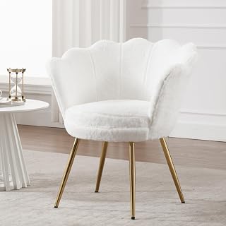 chairus Faux Fur Armchair, Modern Petal Shape Armchair with Gold Legs, Upholstered Lounge Chair for Living Room/Bedroom, White
