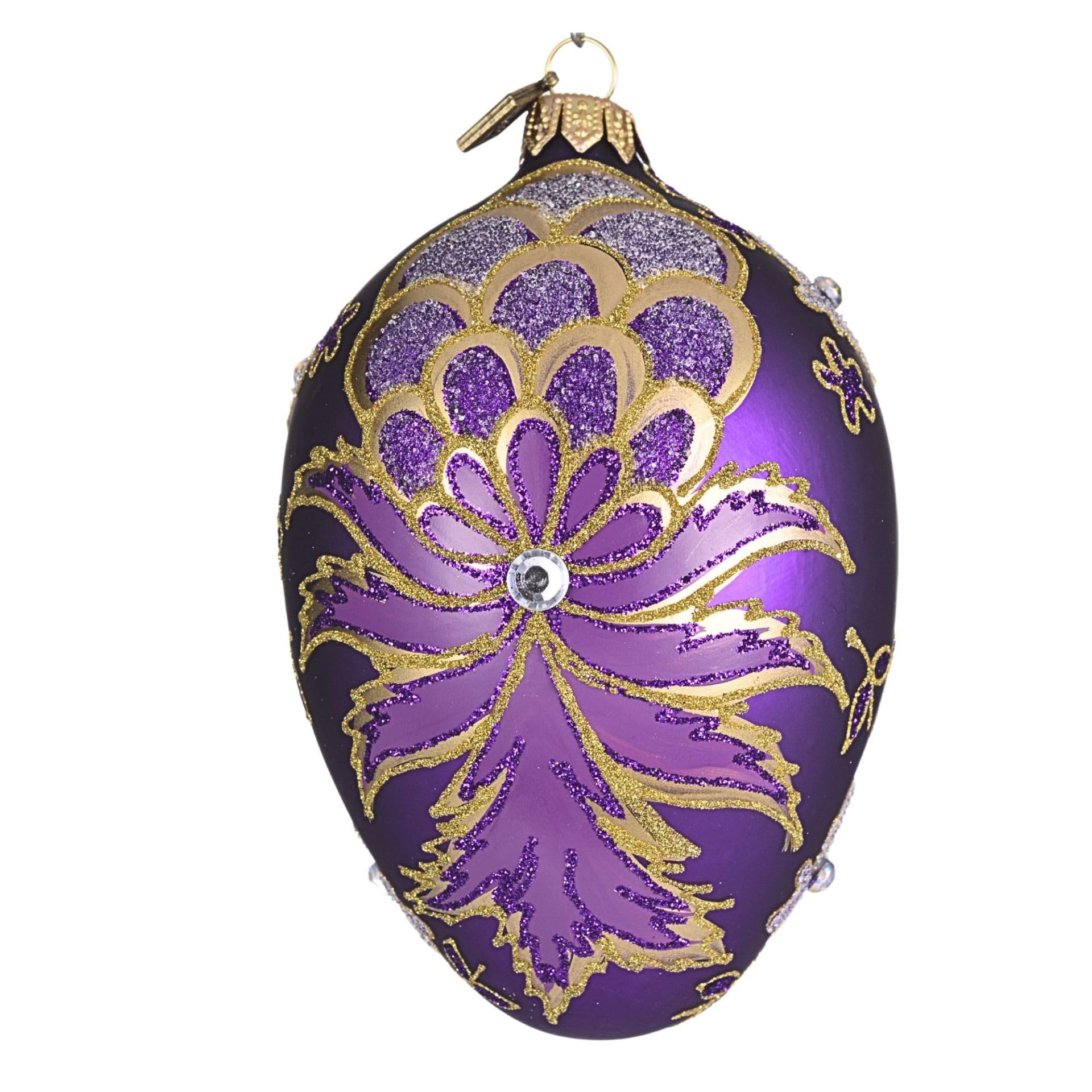 Huevo de Pascua soplado a mano de cristal púrpura estilo Fabergé adorno