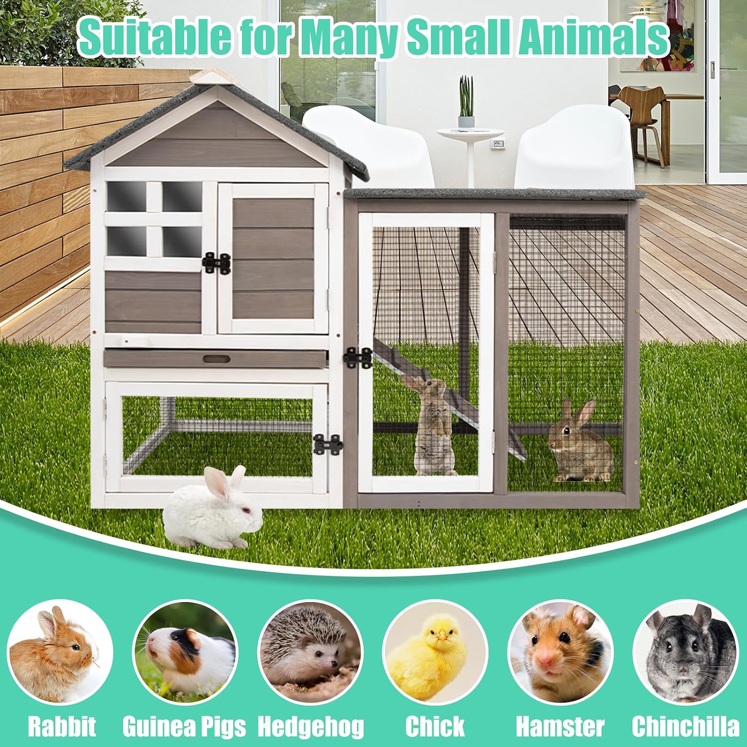 Gowoodhut 48" L Rabbit Hutch Indoor Outdoor Rabbit Cage with Run, Pull Out Tray, Asphalt Roof Large 2 Story Bunny Hutch Wooden Chicken Coop Guinea Pigs Pet House Cage for Small Animals(Grey)