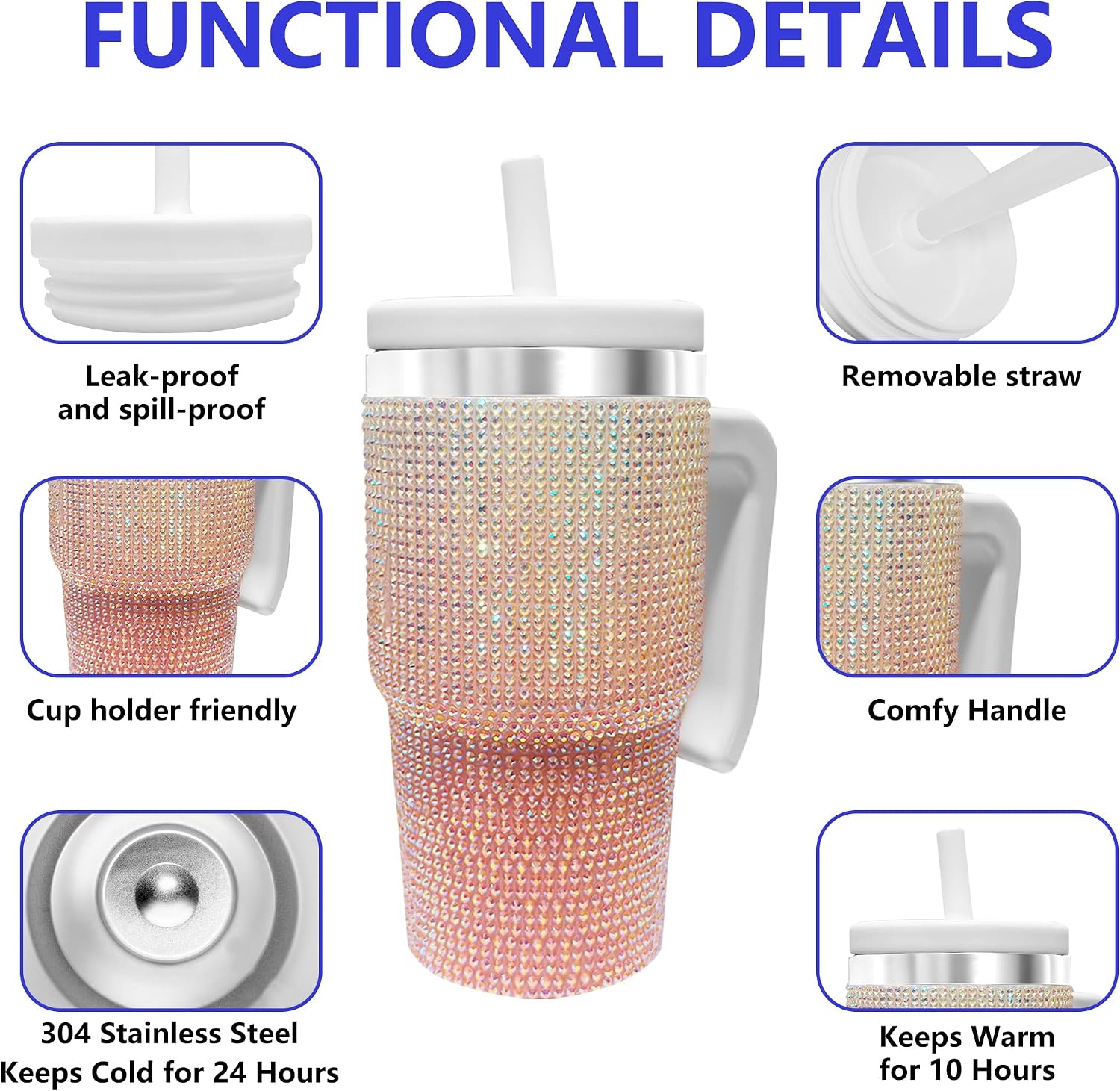 2PCS 20-OZ Insulated Water Bottle,Insulated Stainless Steel Tumbler,Reusable Cold Drink Thermos,BPA-Free, Double-Wall Stainless Steel Water Bottle (Pink White Gradient-Diamonds, 20, Fluid Ounces)