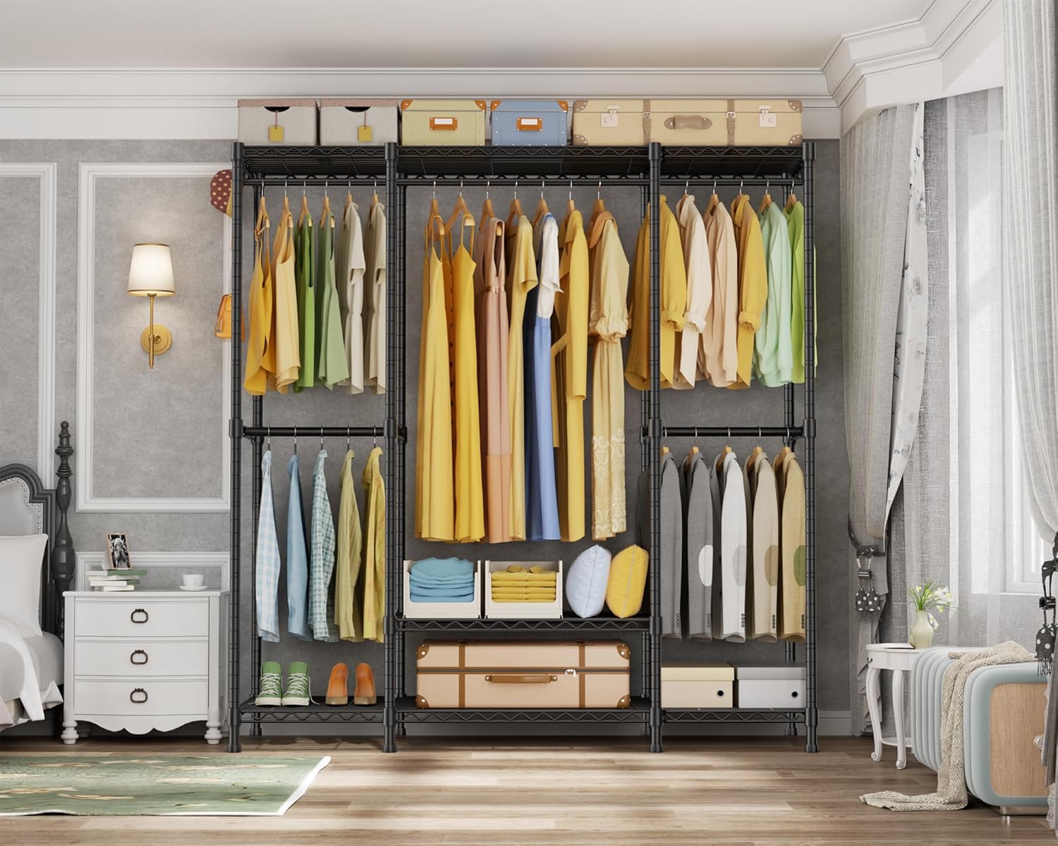 Ulif E3 Heavy Duty Garment Rack, 4 Tiers Freestanding Closet Organizer System with 5 Shelves, Metal Closet Organizer and Storage System for Clothes, Max Load 850lbs, 58.4"W x 15.7"D x 77.3"H, Black