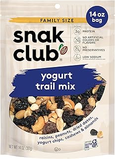 Snak Club Yogurt Trail Mix with Raisins, Peanuts, Dried Dates, Yogurt Chips, Cashews, and Almonds, Gluten-Free and Kosher Snack, 14 oz Resealable Bag