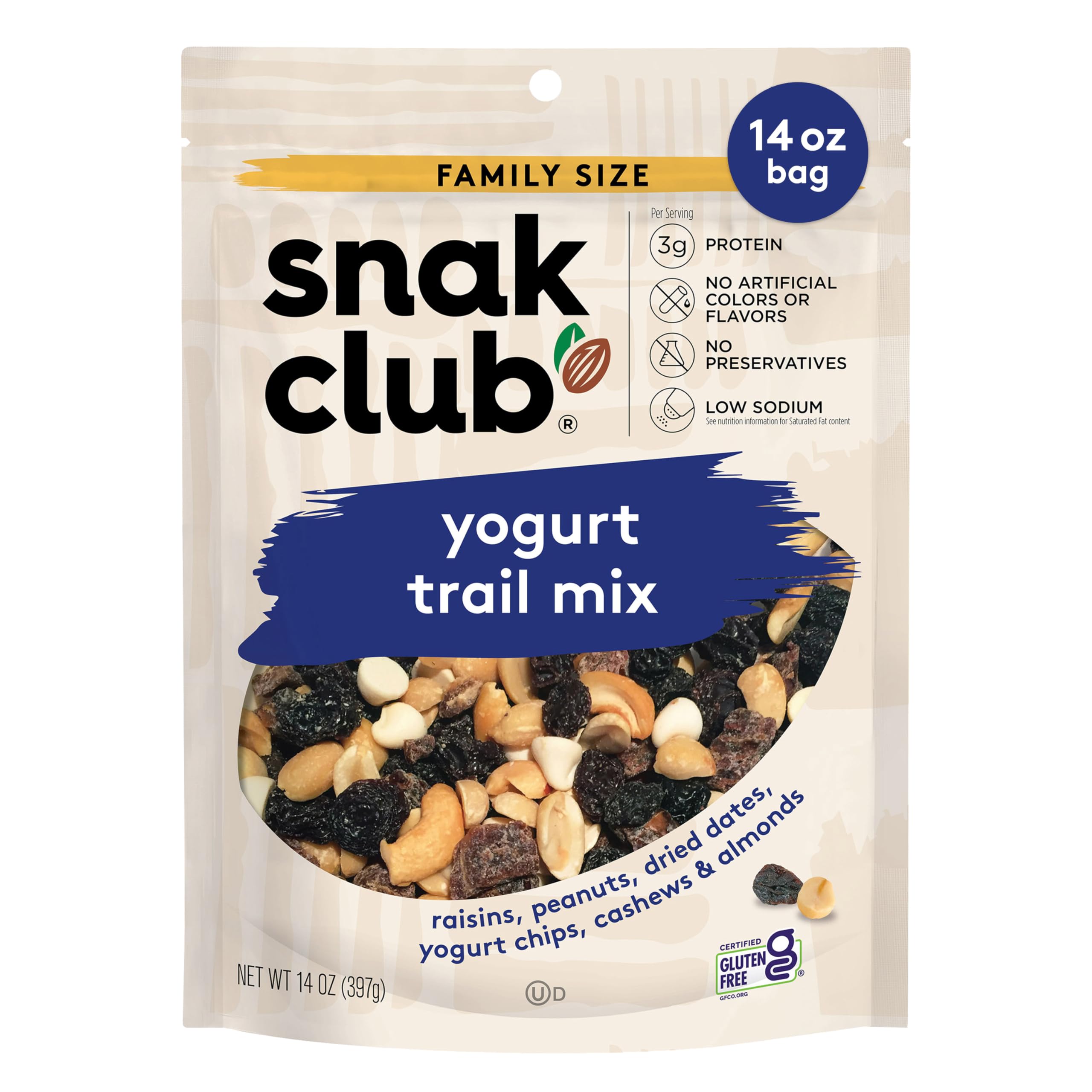 Snak Club Yogurt Trail Mix with Raisins, Peanuts, Dried Dates, Yogurt Chips, Cashews, and Almonds, Gluten-Free and Kosher Snack, 14 oz Resealable Bag
