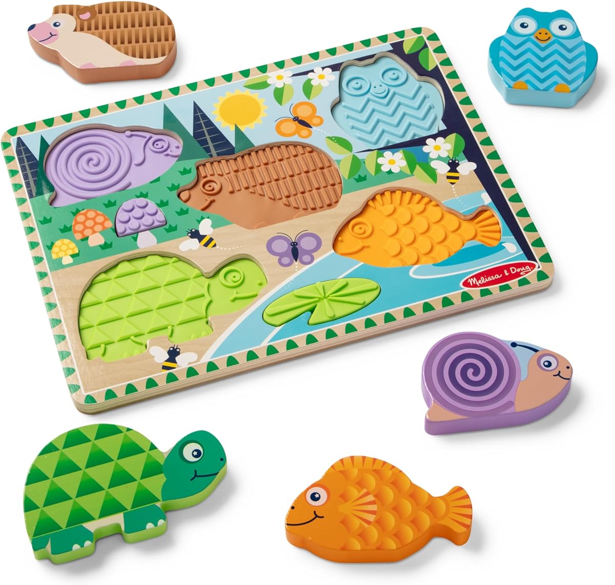 Rompecabezas de madera táctil y táctil de Forest Friends, rompecabezas para niños pequeños gruesos de 5 piezas con animales e incrustaciones de tableros de rompecabezas de silicona con textura, juguetes preescolares para niñas y niños a partir de 2 años