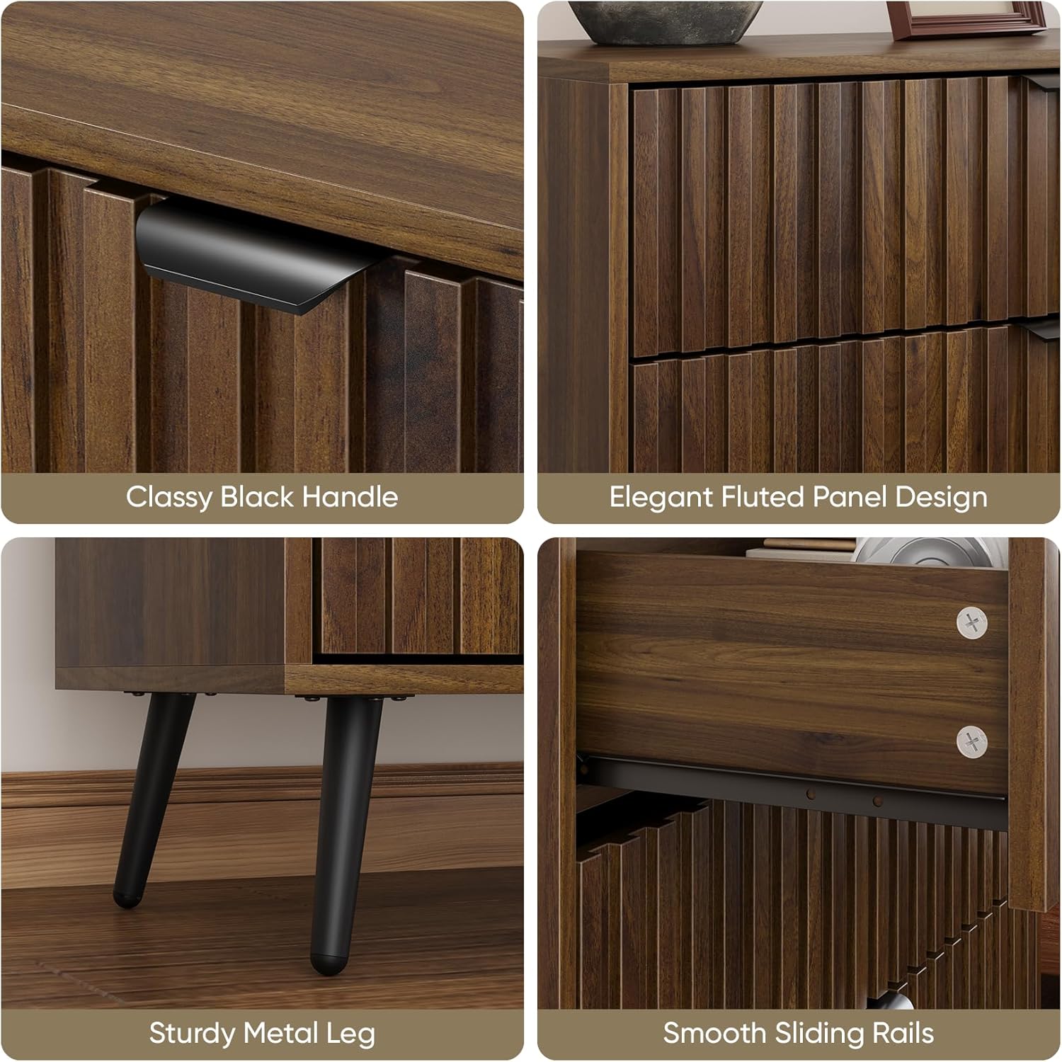 Close-up of the sturdy metal legs attached to the dresser base.