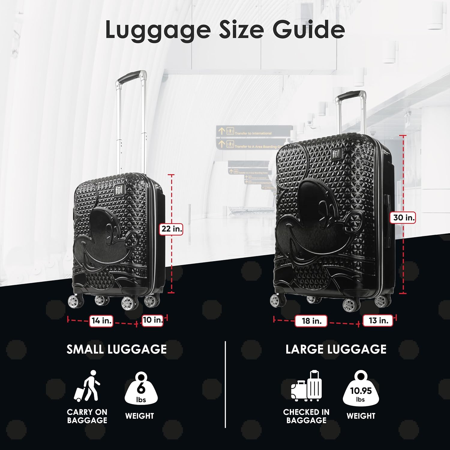 FUL Disney Mickey Mouse 2 Piece Rolling Luggage Set, Hardshell Suitcases with Spinner Wheels, 22/30 Inch, Black
