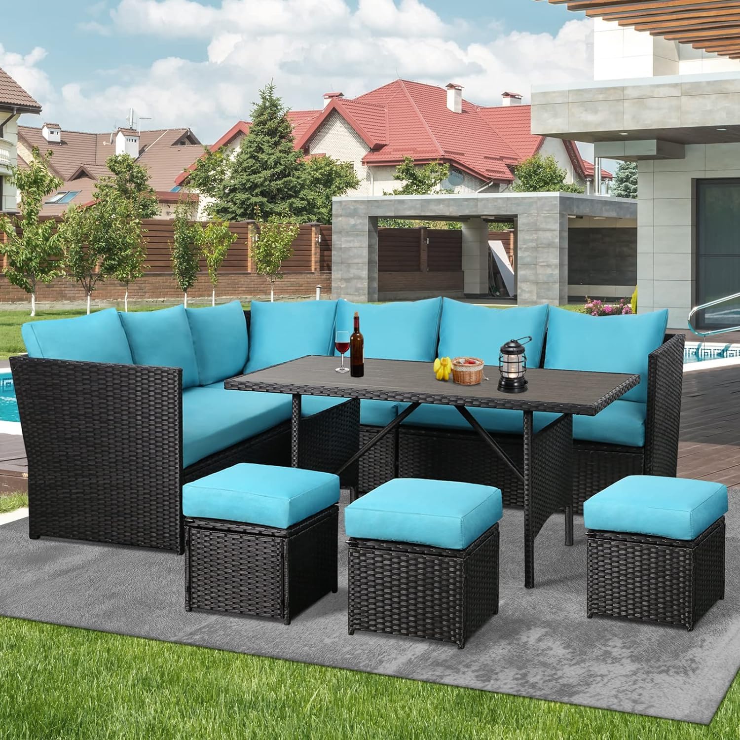 U-MAX 7 Pieces Patio Furniture Set Outdoor Sectional Sofa Conversation Set All Weather Wicker Rattan Couch Dining Table with Ottomans, Black Rattan & Blue Cushions