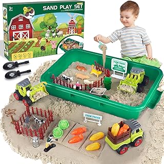Farm Sensory Bin, Farm Sensory Kits Toy with 2.2lbs Play Sand, 31pcs Animals Trucks Creativity Magic Sand Box with Lid, Christmas Birthday Gift for Boys Kids Toddlers Ages 3 4 5 6 7 8