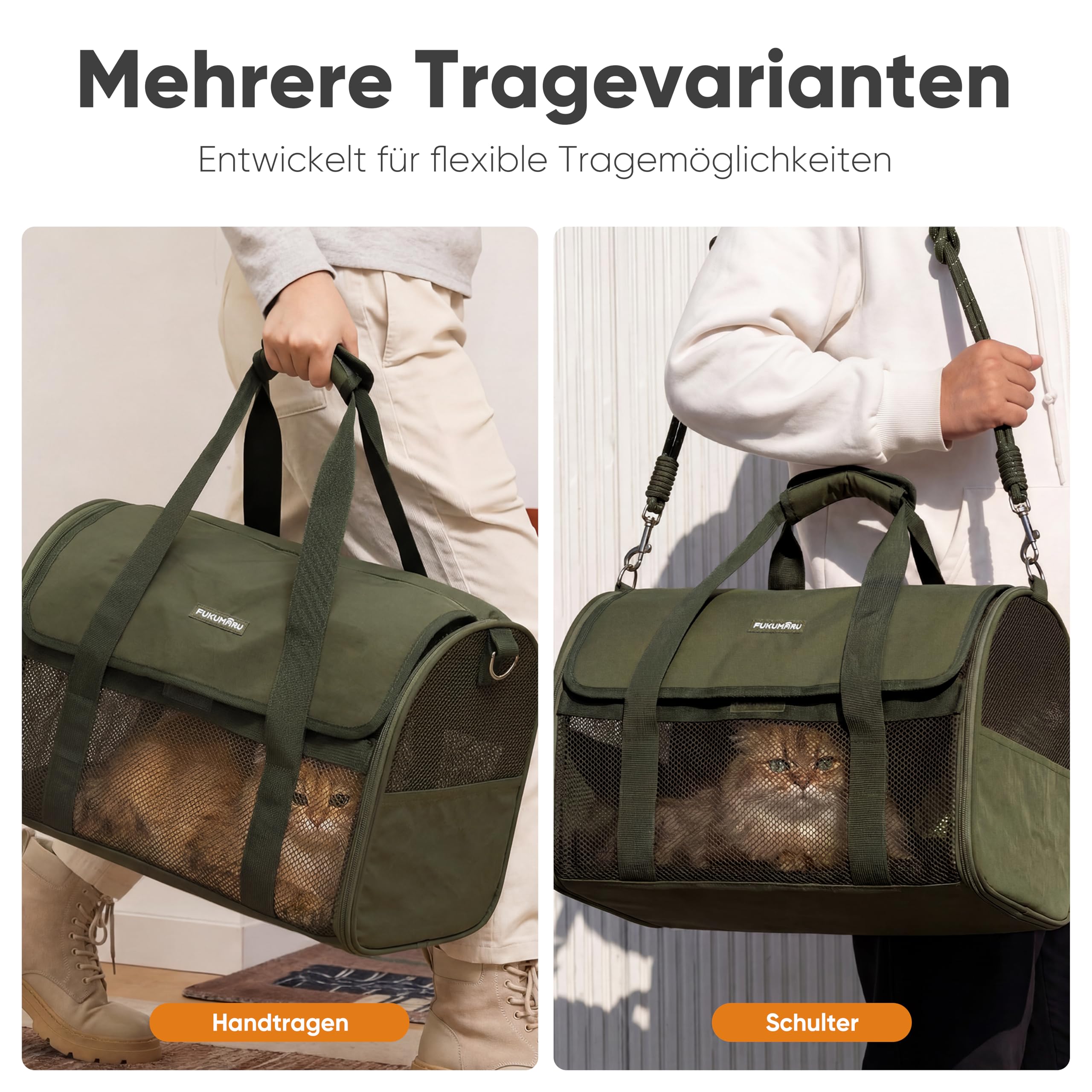 FUKUMARU Transportbox für Katzen und kleine Hunde, leicht und atmungsaktiv, 46 x 28 x 28 cm, für den Transport in der Flugzeugkabine zugelassen, weich und zusammenklappbar, kratzfestes Netz, Grün
