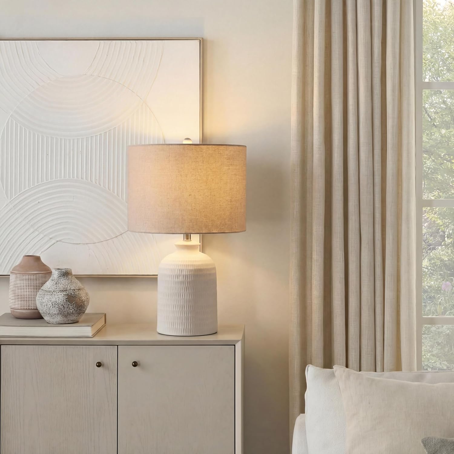 Nourison Home 24" White Textured Ceramic Modern Farmhouse Table Lamp with Beige Shade for Bedside Table, Living Room, Dining, Entryway