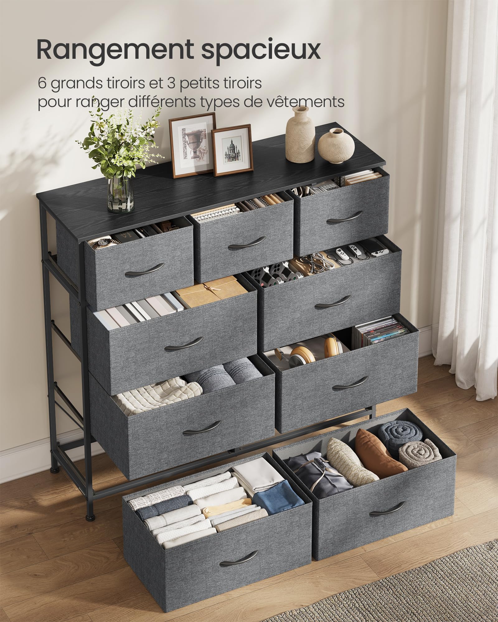 SONGMICS BELLAH Collection - Commode, Meuble de Rangement pour Chambre, Couloir, Entrée, Salon, Cadre en Acier, 9 Tiroirs, Style Moderne, Gris Ardoise LGS324G101