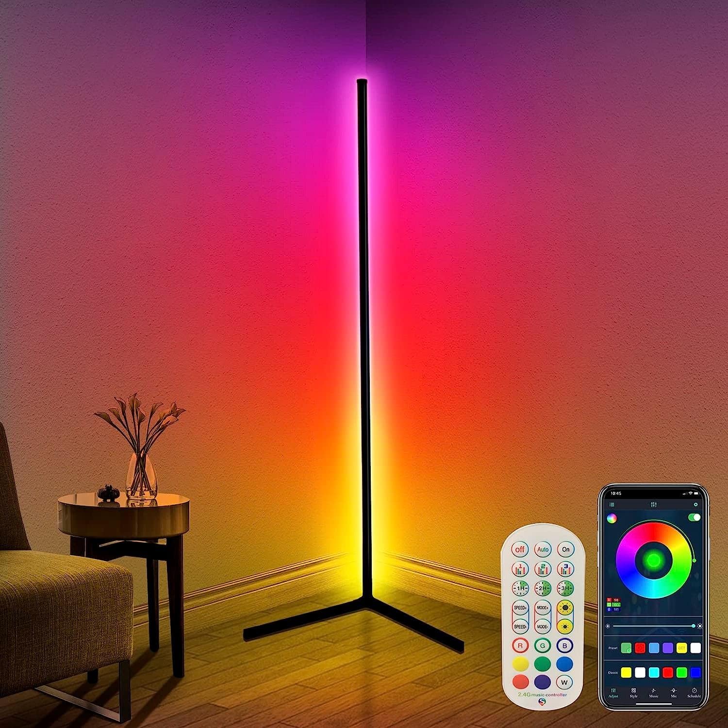 Smart RGB Corner Floor Lamp With Music Sync, Dimmable LED, APP Control Remote, for Gaming Living Room Bedroom Birthday Party Christmas (49")