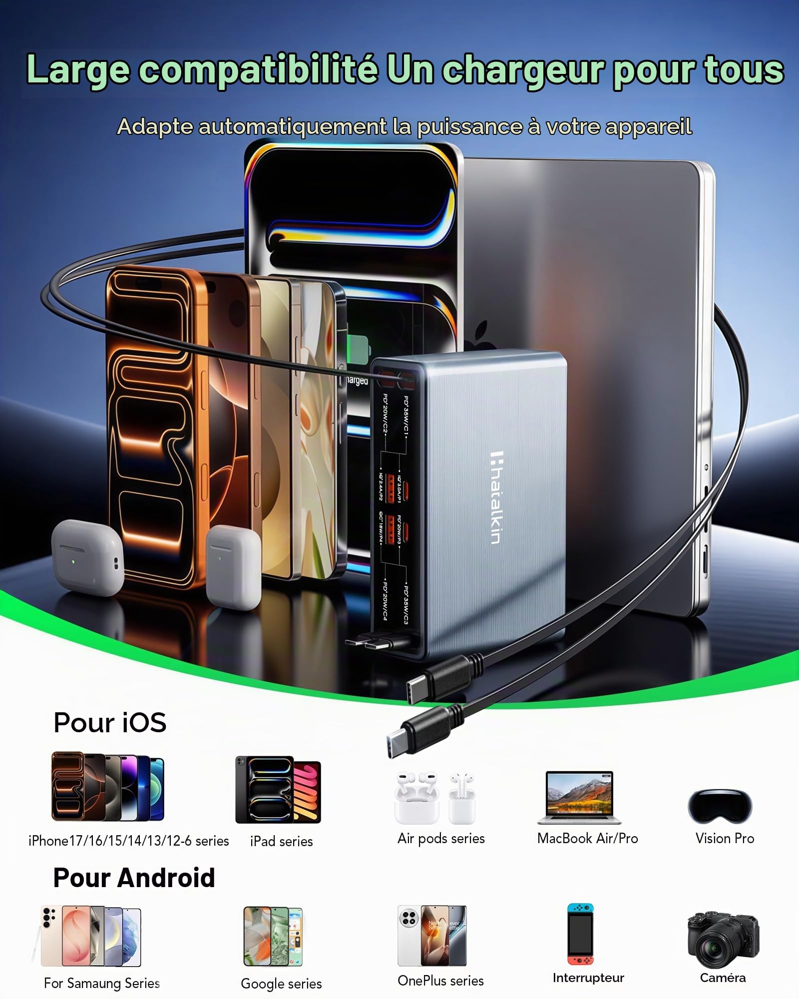 HATALKIN Station de Charge USB C 105w Retractable Multi Chargeur 8 Ports GAN Chargeurs et Adaptateurs pour iPhone 17/17 Pro/16/15/14/13, iPad, MacBook Air Series/Samsung Galaxy Tab S8 Series（4C）