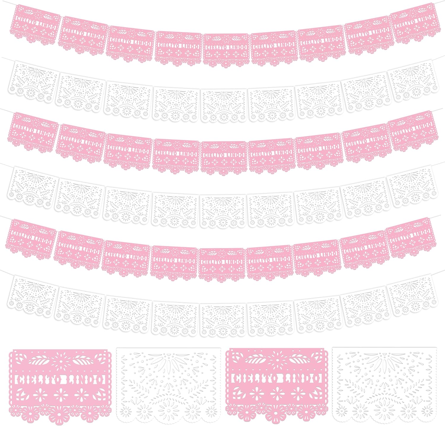 6 Pack 102 ft Mexican Papel Picado Banner, Waterproof Mexican Party Decorations for Wedding,Cinco de Mayo,Baby Shower,Dia de Los Muertos,Cielito Lindo Theme Party(Pink and White)