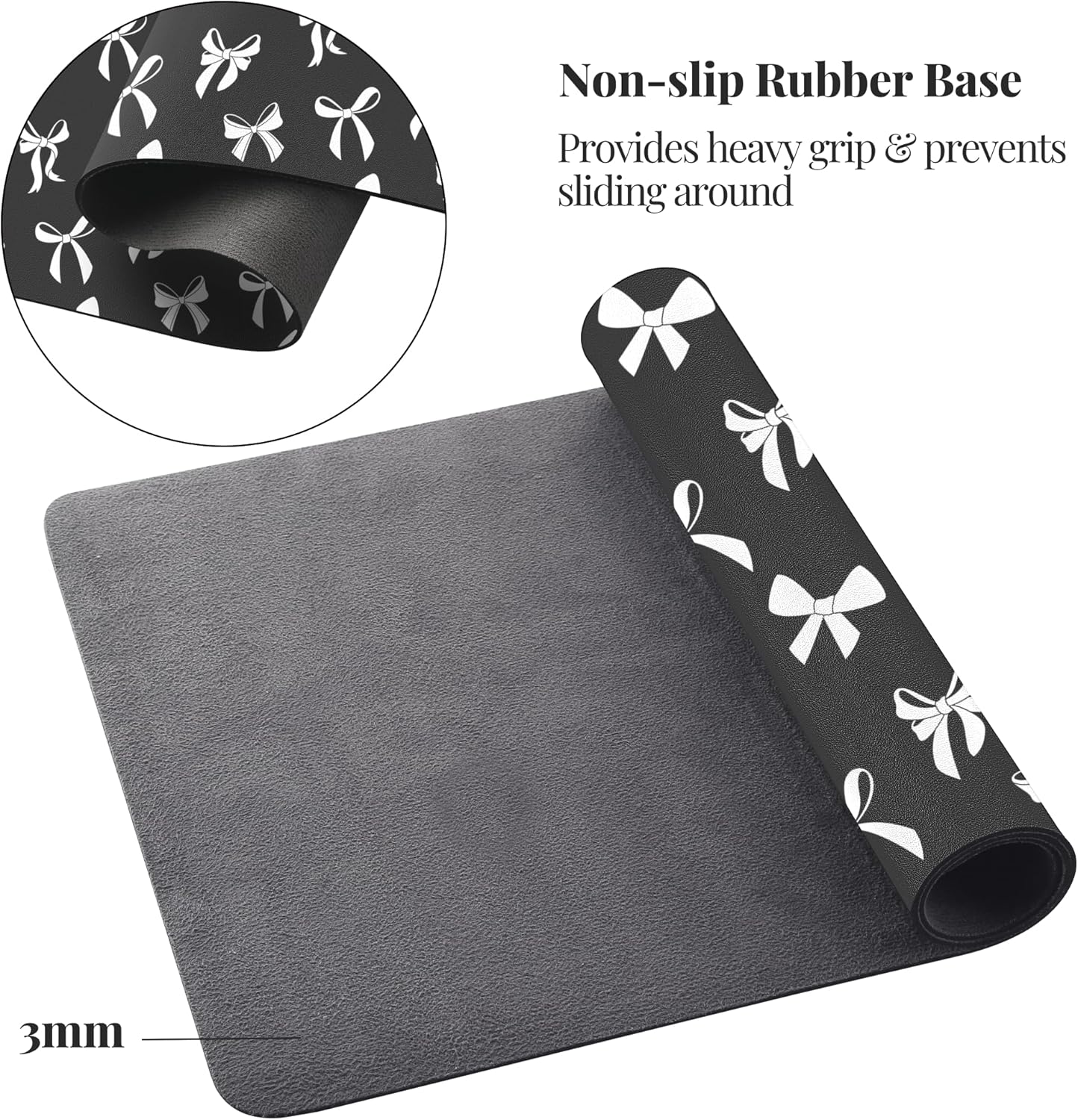 Idocolors Minimalist White Bow Desk Mat, Black Extended Gaming Keyboard Mouse Pad, Large Cute Kawaii Women Office Desk Cover Mat Protector 27.6"x13.8"