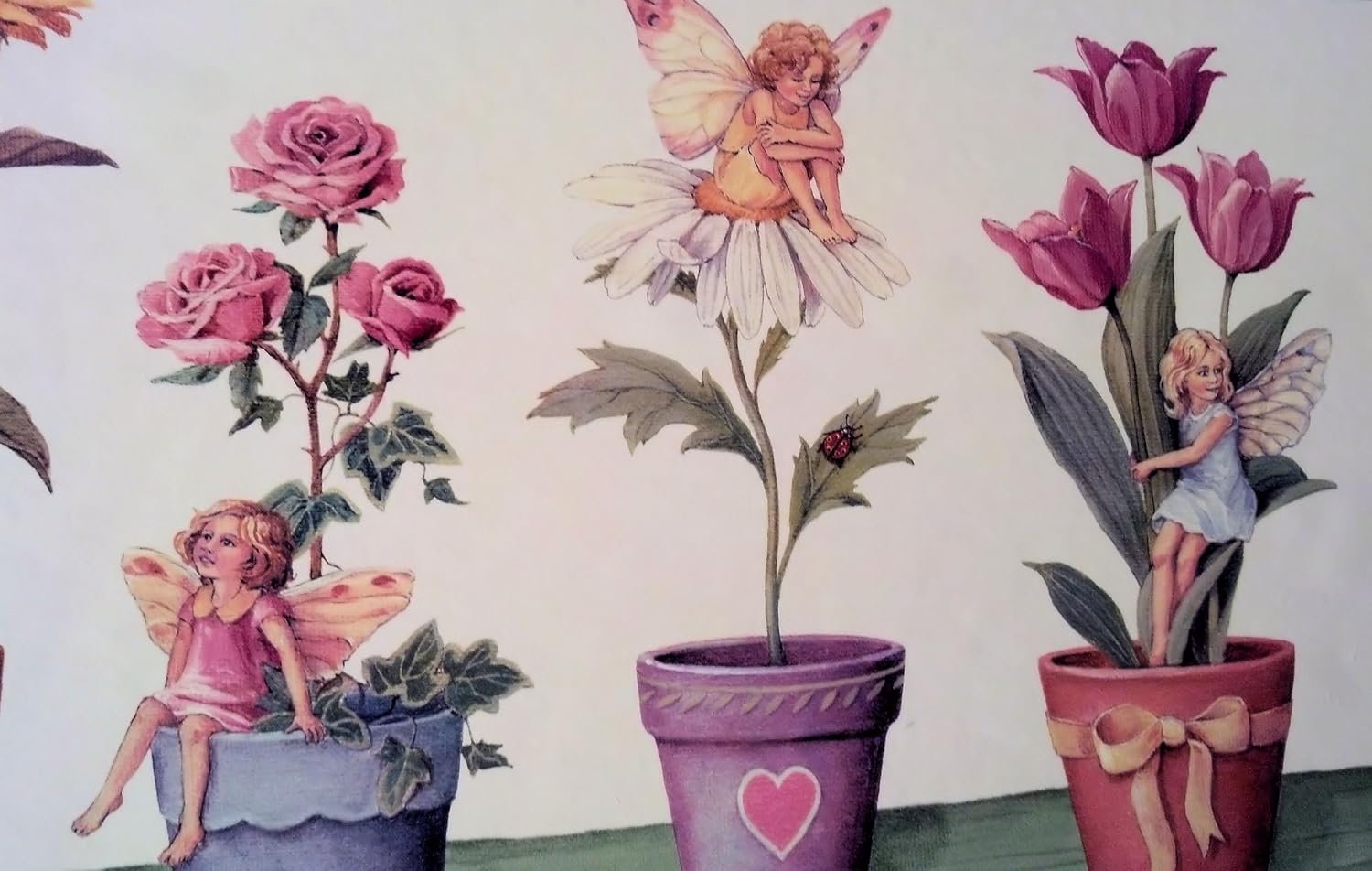 Fairies, Butterflies & Flowers Wallpaper Border - Sunflowers, Tulips, Daisies, Pansies - Yellow, Red - Garden Theme - Pre-Pasted - 10 Inches Wide - 15 Foot Spools