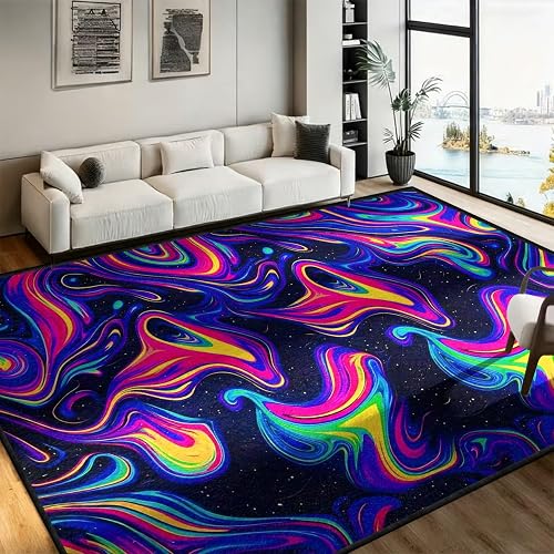 SOJAWA Cosmic Neon Light Pattern Rug, 5x7ftcm, Abstract Pink Blue Yellow and Green Wave Pattern Rug, Wavy Psychedelic Style Soft Large Rugs, Washable, Non-Slip, Abstract Home Decor - Rug 5 - 5x7ft