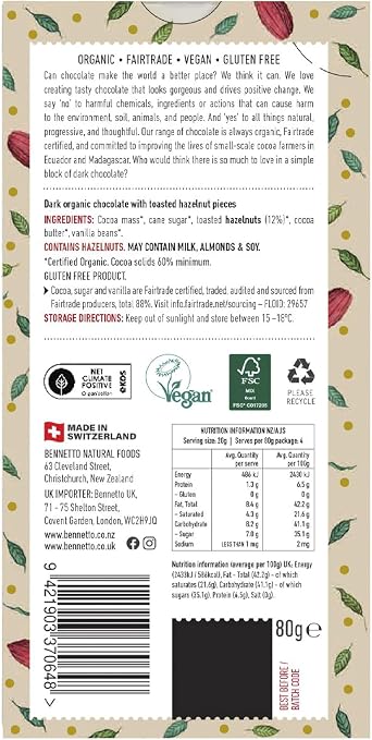 Bennetto Toasted Hazelnut. Dark organic chocolate with crunchy toasted hazelnuts. 60% cocoa. Certified organic, Fairtrade, and net climate positive. 3 x 80g Bars