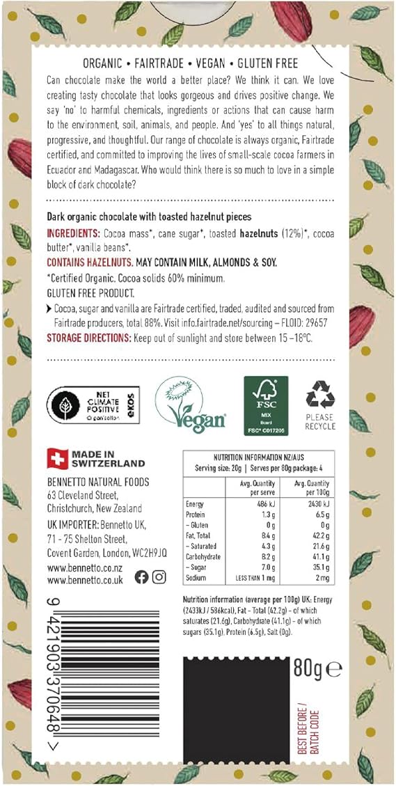Bennetto Toasted Hazelnut. Dark organic chocolate with crunchy toasted hazelnuts. 60% cocoa. Certified organic, Fairtrade, and net climate positive. 3 x 80g Bars